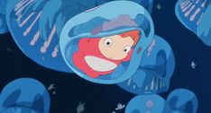 an animated character is peeking out from under some jellyfish