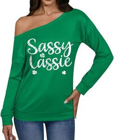 St Patricks Day Women's Holiday Top Irish Funny Long Sleeve Graphic Off The Shoulder Shirts Sassy Lassie M at Amazon Women’s Clothing store Womens Holiday Tops, Off The Shoulder Shirts, Irish Funny, Off Shoulder Shirt, Holiday Tops, Fashion Hoodies, St Pattys Day, Shoulder Shirts