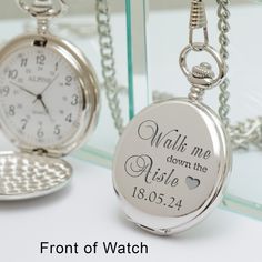 Personalise this Walk me down the aisle pocket watch with who is walking the bride down the aisle, the date of the wedding and the Bride's Name.  Sure to be a sentimental and emotional gift for whoever is walking you down the aisle on the big day! The watch is engraved on both the front and back to make this a thoughtful and touching gift for your loved family member or friend walking you down the aisle! Silver finish pocket watch with quartz movement and 14 inch chain.  Presented in an organza drawstring bag. Diameter 45mm.  We can be contacted via Etsy Message or e-mail  (our email address is shown in the Add your personalisation section) Timeless Engraved Watches For Wedding, Timeless Engraved Wedding Watch, Silver Pocket Watch With Stopwatch As Gift, Classic Wedding Watches With Metal Dial, Personalized Silver Watches, White Wedding Watch With Round Dial, Silver Wedding Watch With Metal Dial, Elegant Stainless Steel Wedding Watch, Silver Jewelry With Round Dial For Wedding