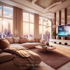 a living room with large windows and a big couch in front of the window is a cityscape