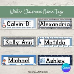 four winter classroom name tags with snowflakes on them and the words, personalized