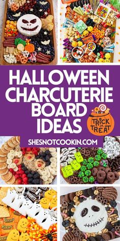 halloween charure board with lots of different foods and decorations on it, including cookies, candy