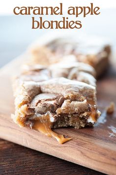 caramel apple blondies on a cutting board with the title in the middle above it