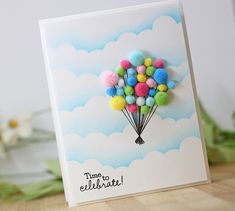 there is a card with some balloons in the sky on it that says time to celebrate