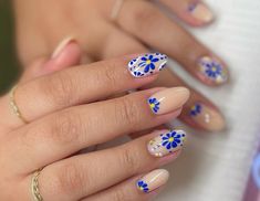 Blue And White Floral Nails, Italy Inspired Nails, Blue Floral Nails, Greek Nails, Honeymoon Nails, Talavera Nail Art, Blue And White Nails, Floral Nail Designs