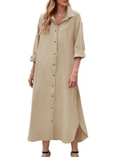 PRICES MAY VARY. 【Material】Cotton linen dress women is made of 35% Cotton,15% Linen,35% Viscose and 15% Polyester.The fabric is cotton blend, it is breathable,soft and skin-friendly, it is also great for summer,spring and fall with long sleeves.All the colors will not be see-through,except the white and light color dress. 【Features】Long sleeve button down maxi dress featuring with long sleeve design,which can rolled up when you are hot.The side split design allows you to walk without tension.Ope Solid Color Collared Vacation Dress, Relaxed Fit Button-up Dress In Solid Color, Solid Color Button-up Relaxed Fit Dress, Relaxed Fit Solid Color Button-up Dress, Relaxed Fit Button-up Solid Dress, Relaxed Fit Button-up Solid Color Dress, Vacation Maxi Dress With Button Closure And Long Sleeves, Solid Button-up Maxi Dress For Daywear, Long Sleeve Shift Shirt Dress For Vacation