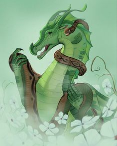 a green dragon sitting on top of a white flower covered ground with its mouth open