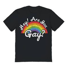 Celebrate your pride with this Men's COLAB89 by Threadless Hey Are You Gay Pride Graphic Tee. Celebrate your pride with this Men's COLAB89 by Threadless Hey Are You Gay Pride Graphic Tee. SETUP INFORMATION Hey Are You GayFEATURES Crewneck Short sleeveFABRIC & CARE Cotton Machine wash Imported Color: Black. Gender: male. Age Group: adult. Black Crew Neck T-shirt With Rainbow Print, Black Tops With Letter Print For Pride, Black Letter Print Tops For Pride, Graphic Tee Shirts, Gay Pride, Mens Graphic Tee, Fabric Care, Graphic Tee, Age Group