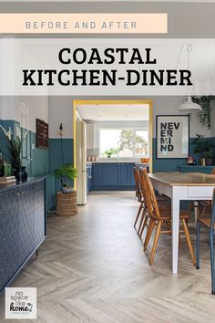 Teal and white dining kitchen with yellow colour pop Open Plan Kitchen Dining Living Wall Colours, Rustic Coastal Kitchen, Dinning Room Colors, Half Painted Wall, Kitchen Diner Designs, Diner Design, Single Wall Kitchen, Modern Coastal Kitchen, Half Painted Walls