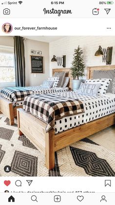 two twin beds in a bedroom with black and white checkerboard comforters on them