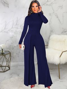 Material:71-80% Polyester & Spandex. Features: Mock neck. long sleeve. bodycon. wide leg. solid color. high waist. jumpsuits.Style: Casual Stretch Jumpsuits And Rompers For Winter Workwear, Solid Color Jumpsuits And Rompers For Evening In Fall, Chic Long Sleeve Pantsuit In A Solid Color, Solid Long Sleeve Pantsuit For Party, Chic Solid Color Long Sleeve Pantsuit, Fitted Wide Leg Jumpsuit Or Romper In Solid Color, Long Sleeve Stretch Jumpsuits For Evening, Stretch Long Sleeve Pantsuit For Party, Full Length Solid Jumpsuit For Party