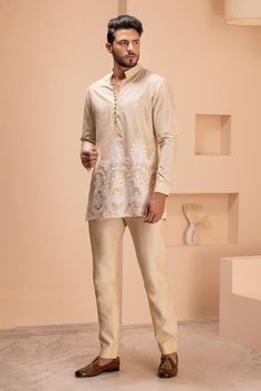 Beige silk short kurta with crochet embroidery on front and back hem. - Aza Fashions Men Wedding Attire Guest, Short Kurta For Men, Short Kurtas, Mens Indian Wear, Embroidered Crochet, Mens Wedding Attire, Kurta For Men, Kurta Patterns, Kurta Men