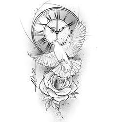 a black and white drawing of a clock with a bird on it