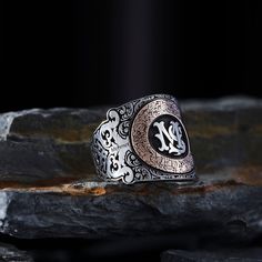 Personalized Initials Letter and Name Design Ayatul Kursi 925K Silver Ring This incredible silver men ring is engraved from 100% handmade  This shiny personalized ring, has a modern and vintage vibe for daily using. You can use it for daily or special days.The engraving details of pure 925 Sterling Silver Handmade Ring are very detailed and eye-catching and our product's create with monogram handcraft work. You can prefer this vintage style silver ring like gift for your friends or family. It's a perfect gift for birthday, valentine's day, International Women's Day, anniversary, statement(cocktail) or christmas. Our model is silver and made by hand. In the middle part of the personalized double letters are engraved and around it the time of Ayatul Kursi is written. A personalized name is w Luxury Personalized Sterling Silver Initial Ring, Luxury Sterling Silver Initial Ring For Gift, Personalized Sterling Silver Luxury Signet Ring, Luxury Sterling Silver Men's Initial Ring, Luxury Sterling Silver Signet Ring With Initials, Designer Silver Jewellery, Vintage Silver Jewelry, Mens Silver Rings, Personalized Rings