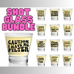 shot glass bundle with sayings on the side and shots in different glasses for each