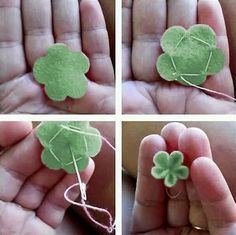 four pictures showing how to make a shamrock brooch