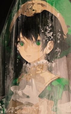 an anime character with green eyes and black hair