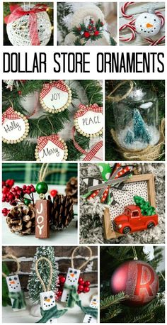 dollar store ornaments are featured in this collage