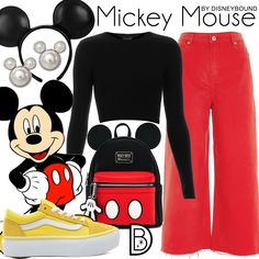 mickey mouse outfit with red pants and yellow sneakers