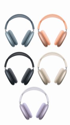 four headphones with different colors and designs on the headsets are shown in three rows