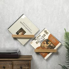 two books are sitting on top of a wooden shelf next to a potted plant