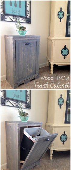 an old dresser is transformed into a trash can cabinet with wood and metal trimmings