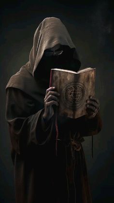 a person in a hooded outfit holding a book