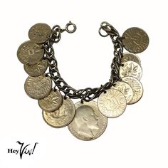 Coin Charm Bracelet, Penny Bracelet, Chunky Bracelets, Coin Jewelry, Organza Gift Bags, Vintage Bracelets, Spring Rings, Vintage Charms, Vintage Necklace