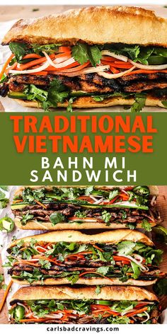 the vietnamese sandwich is cut in half and stacked on top of each other