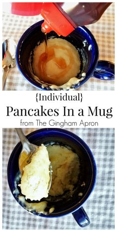 pancakes in a mug with syrup being poured into the bowl and then topped with butter