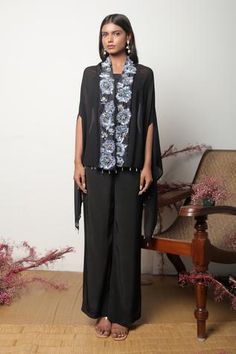 Shop for Nayantara Couture Black Viscose Satin Mila Crystal Work Cape And Pant Set for Women Online at Aza Fashions Crystal Work, African Blouses, Indian Kurti Designs, Crepe Pants, Black Cape, Simple Pakistani Dresses, Trendy Fashion Tops, Pants Fit, Stylish Dresses For Girls