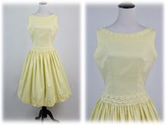 "1950s, early 60 dress. Yellow cotton fabric trimmed with yellow cotton ovals. Boat neckline. Sleeveless. Full skirt is dropped 2\" below the natural waist. Centered back metal Crown zipper. Label reads, \"Junior Fashions by Carole King.\" Freshly laundered. Very good condition. There is a small .25\" orange smudge in the center of the skirt about 6\" from the hem (see next to last photo). There is a .75\" black mark near the left hip (see last photo). Both of the marks are disguised by the fullness of the skirt. The dress has also been shortened by .75\"  but the original 2\" hem is still intake.  Note: All but the 7th photo were taken with a small crinoline which is not included.  Measurements: Shoulders = 15\" Bust = 36\" Waist = 27\" Hips = free Length from top of shoulder to waist = 1 Yellow 1950s Sleeveless Dress, Yellow 1950s Style Sleeveless Dress, Yellow Sleeveless 1950s Dress, 60 Dress, Carole King, Metal Crown, Junior Fashion, Full Skirt Dress, Vintage 1950s Dresses