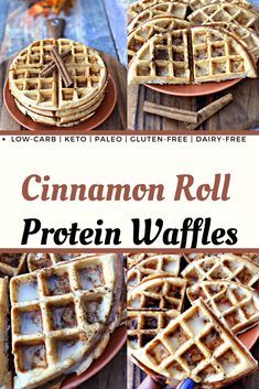 cinnamon roll protein waffles with text overlay