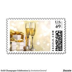 a postage stamp with two glasses of champagne and gift boxes on the bottom right hand corner