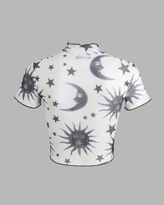 Details: Mesh top with star and moon printLength: NormalSleeve Length: ShortMaterials: 95% Polyester + 5% Spandex Fitted Star Print Summer Tops, Fitted Star Print Tops For Summer, White Star Print Top For Summer, Fitted Black Tops With Moon Print, Fitted Moon Print Tops For Summer, Fitted Moon Print Crew Neck Top, Celestial Graphic Print Tops For Summer, Celestial Crew Neck Tops For Summer, Celestial Graphic Print Summer Tops