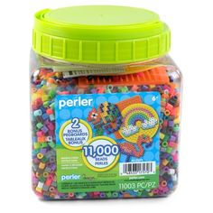 perler beads in a plastic jar with green lid and neon colored sprinkles