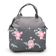 a gray and pink flowered bag with handles on the front, sitting against a white background