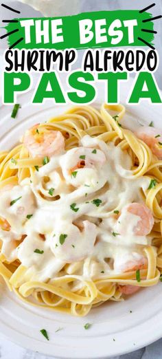 the best shrimp alfredo pasta recipe on a white plate