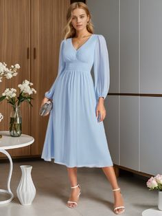 Step into any cocktail party or special event with confidence in this stunning Chiffon V-Neck Long Sleeves Elastic Band Midi Dress. The combination of the flowing chiffon fabric, v-neckline, and long sleeves exudes a classy and refined vibe. Complete your look with heels and accessories for a memorable appearance that will turn heads all night long. Centrepiece Wedding, Midi Wedding Guest Dress, Long Sleeve Chiffon Dress, Guest Dress, Chiffon Long Sleeve, Wedding Guests, Beautiful Gowns, Home Wedding, Chiffon Fabric