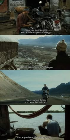 two different scenes from the same movie, one with a man on a motorcycle and another with