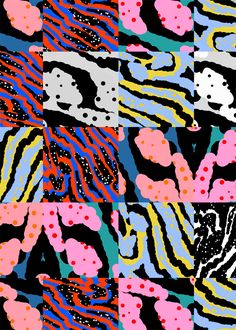 an abstract painting with different colors and patterns on black, pink, blue, green, yellow