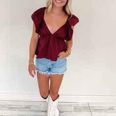 100% Cotton True to size Model is pictured in a size small Burgundy color Biker Pants, Maroon Shirts, Cardigan Crop Top, Cardigan Crop, Flannel Tops, Gameday Outfit, Denim Leggings, Sneaker Collection, Burgundy Color