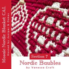 a red and white crocheted afghan with text that reads section 7 nordic babbles