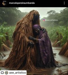 an image of a woman in the rain with her head wrapped around a scarecrow