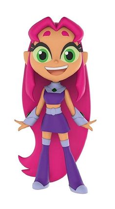 a cartoon character with pink hair and green eyes, wearing purple clothes is standing in front of a white background