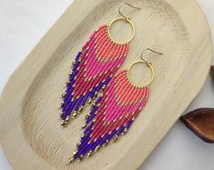 Parrot Earrings - Etsy Fusion Style Dangle Beaded Earrings As Gift, Handmade Fusion Pink Earrings, Handmade Pink Fusion Earrings, Pink Handwoven Dangle Jewelry, Handmade Round Czech Glass Beaded Earrings, Parrot Earrings, Earrings Beads, Long Fringes, Warsaw Poland