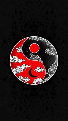 a red and black yin - yang symbol with clouds in the middle on a black background