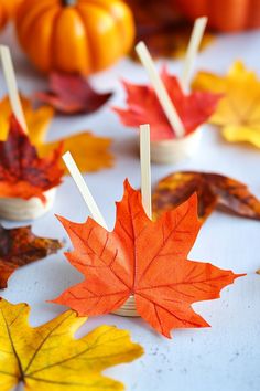 Colorful autumn leaves and small pumpkins arranged with mini baskets on a table. Simple Diy Projects