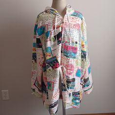 This Nwt Rare Jacket Is Amazing! It Is Filled With Postcards And Stamps Of Various Countries. It Also Sports The Statue Of Liberty Throughout. It Has 2 Ties That Read " City Hearts". One For The Hood And One In The Middle. It Has 3 Sections Of Sequins And 2 Pockets On The Front. So Rich In Colors!! Extremely Well- Made! White Oversized Hooded Windbreaker, Oversized White Outerwear With Drawstring Hood, White Cotton Windbreaker With Drawstring Hood, Multicolor Spring Hoodie Outerwear, Red Faux Fur Coat, Girls Blazers, Green Trench Coat, North Face Vest, The Statue Of Liberty