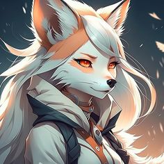 an anime character with red eyes and a white fox's head in the background